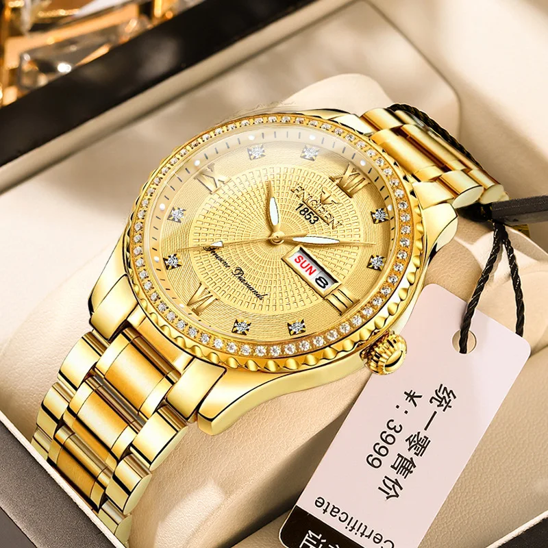 

2023 New Luxury Watch Diamond Gold Stainless Steel Quartz Waterproof Luminous Week Date Wristwatches Men Business Clock For Gift