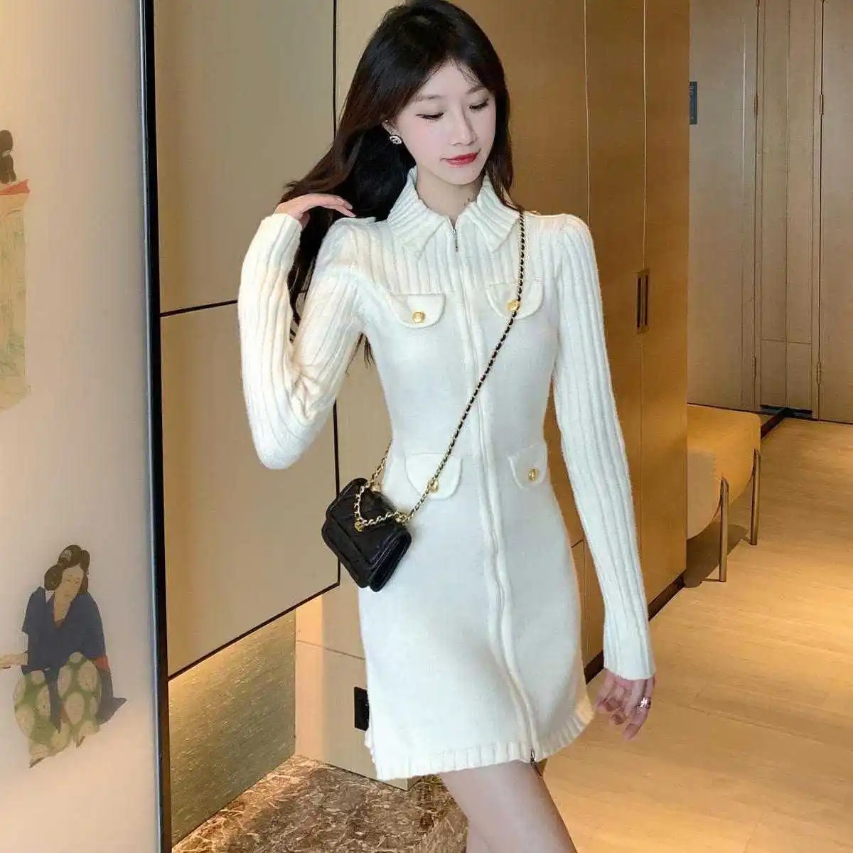 Xiaoxiangfeng Style Dress Women's New Style Slimming and Slimming White High-end Knitted Dress