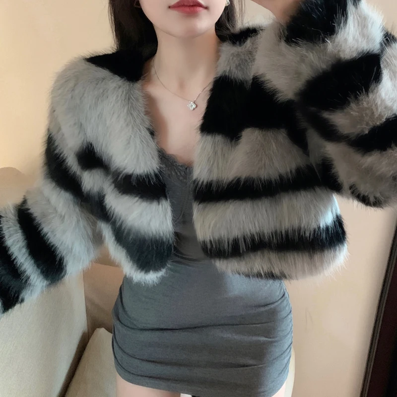 Soring Winter Zebra Stripe Faux Fur Coat Women Long Sleeve Faux Fur Jacket Crop Tops Sexy Club Warm Outfits