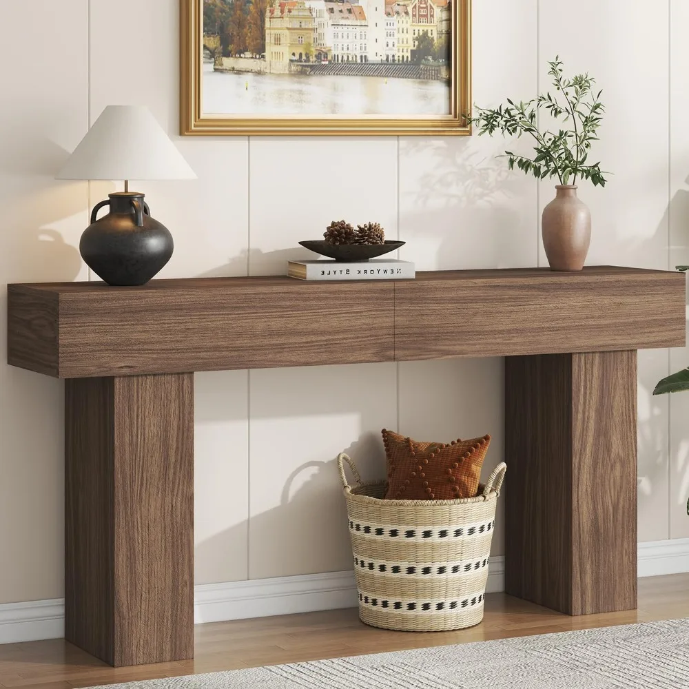 63 Inch Long Console Table for Entryway, Farmhouse Wood Rectangular Sofa Table Behind Couch Table, Narrow Entryway Table for Liv