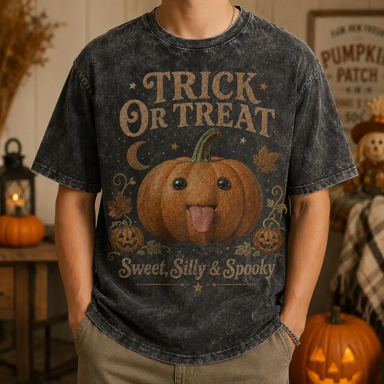 Vintage Washed Halloween Pumpkin T-Shirt, Retro Trick Or Treat Top