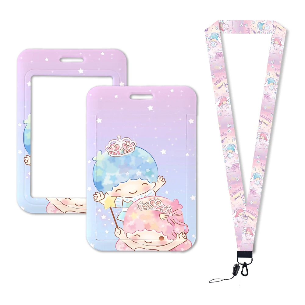 W Sanrio-Little Twin Stars Titular do Cartão de Identificação para Meninas, Pescoço Strap Pingente, Emblema da Porta, Lanyards Chaveiro, Caso Credencial, Presente