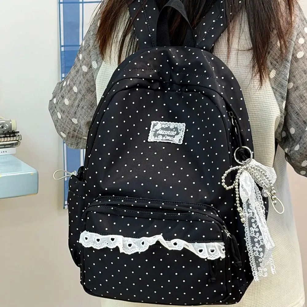 Fashion Sweet Polka Dot Backpack Large Capacity Bow Design Lace Trim Rucksack Minimalist Durable Student School Bag Outdoor Use