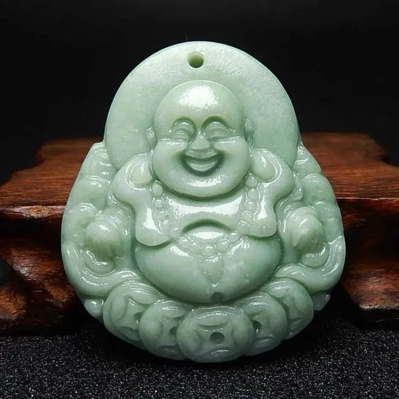 Natural Bean Green Hand -carved Big Belly Buddha Jade Pendant  Boutique Jewelry Men's and Women's Laughing Buddha Necklace