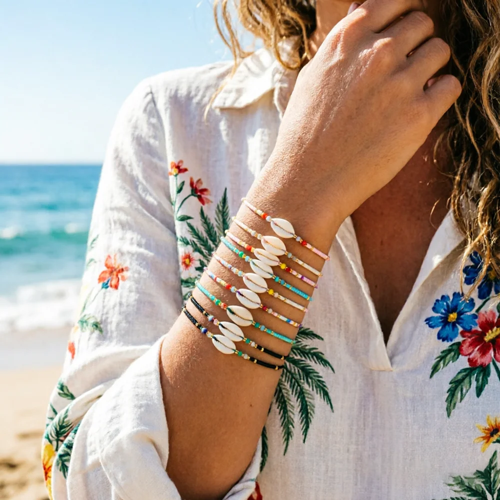 Vacation Style 12Pcs/Set Shell Rope Bracelet Unisex Adjustable Colorful Bohemian Rice Beaded Braslet Casual Beach Couple Joias