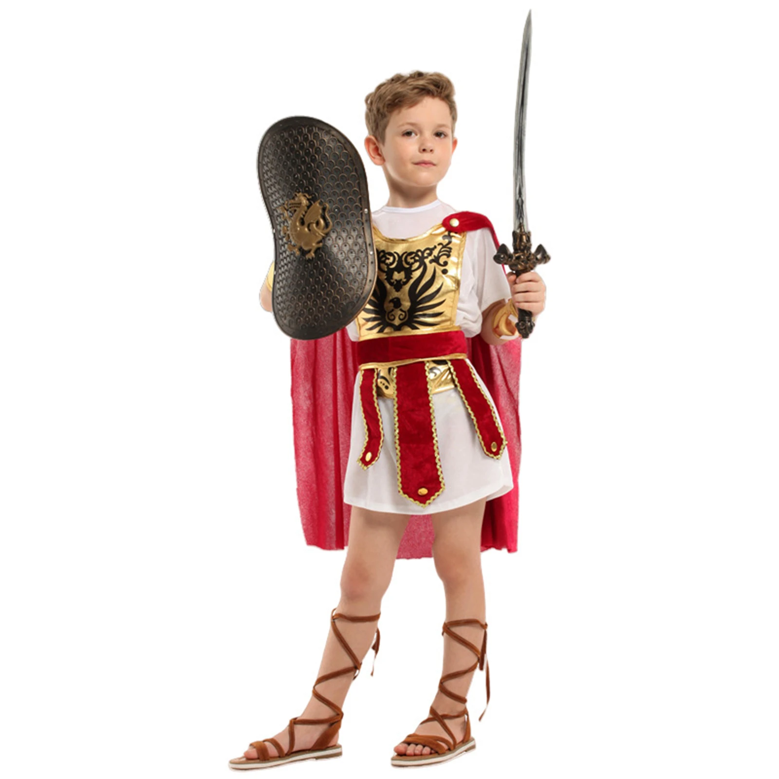 

Kids Medieval Knight Roman Gladiator Costume Set, Warrior Outfit with Shield Sword Helmet Halloween Cosplay Party Dress Up
