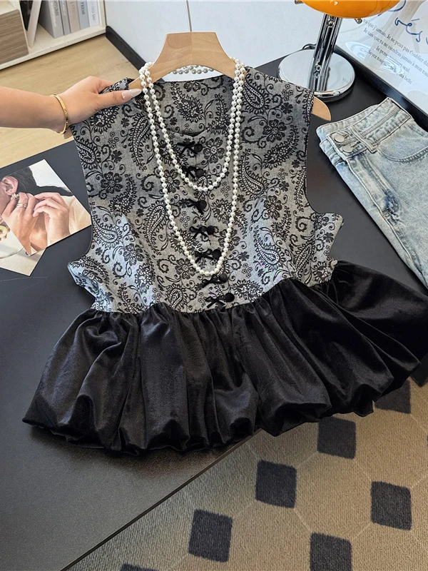 

Ретро-куртка в китайском стиле из бархата с круглым вырезом, лоскутным шитьем и пуговицами, повседневная модная традиционная китайская рубашка-топ