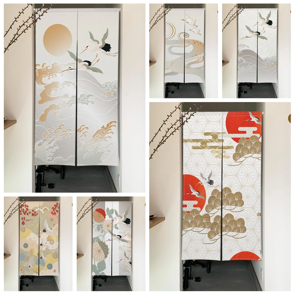Türvorhänge im japanischen Stil mit Muster Kranich und Blumenwellen, Heimdekoration, geeignet für Küchen, Esszimmer, zum Aufhängen, Halbvorhang