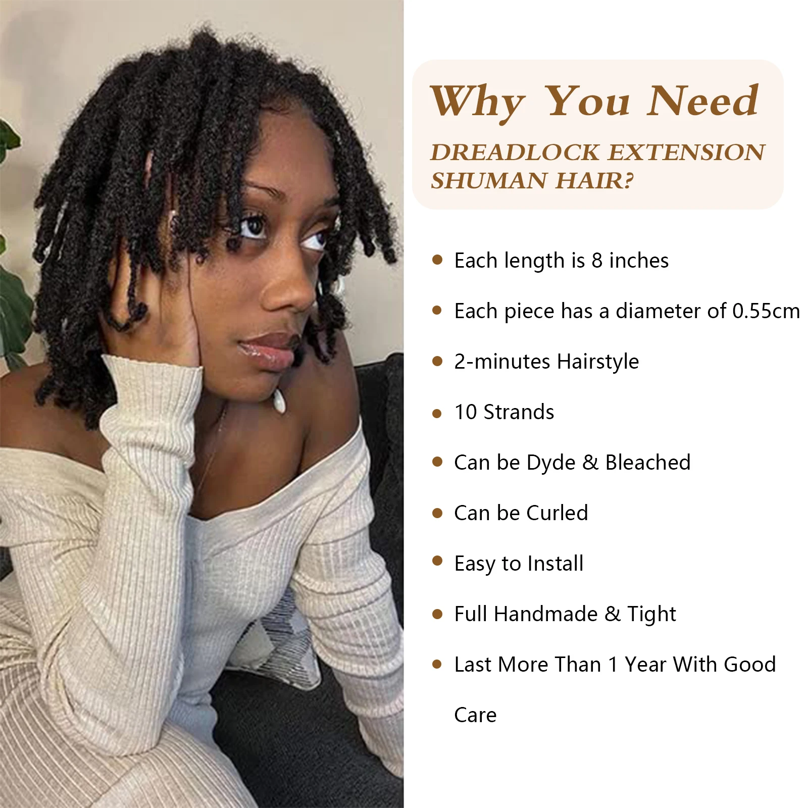 BLACK SYAR Natural Afro Dreadlock Locs Bundles for Men and Women, Human Hair crochet  Extensions, 10 Strands Loc, 8 inch，3g/pack