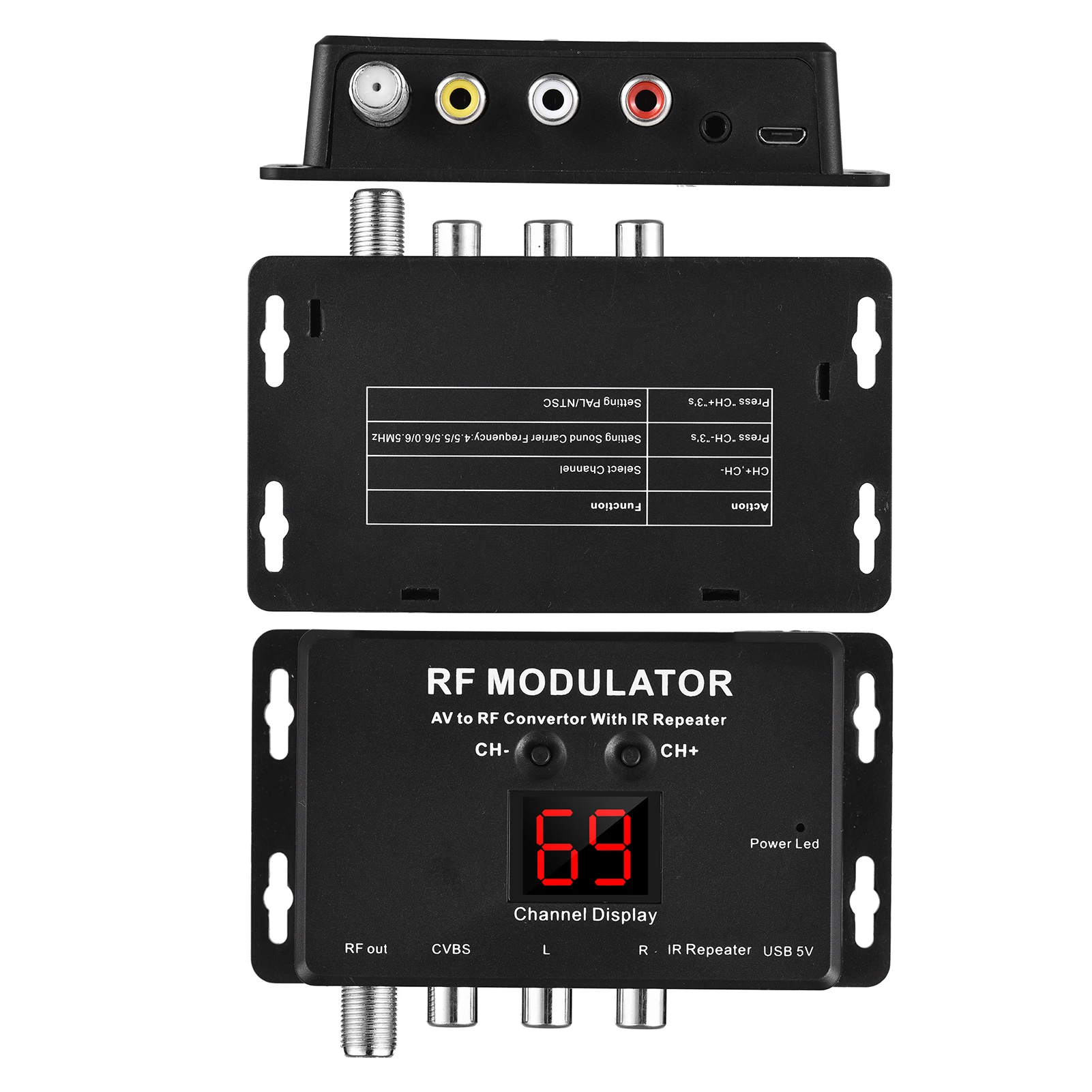 M60IR RF Modulator with IR Repeater AV to RF Converter with IR Repeater To Modulate Audio/Video/signal to RF Signal Over Coaxial