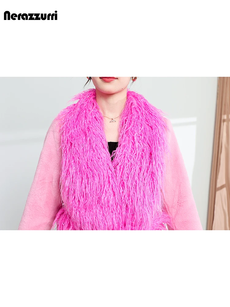 Nerazzurri Winter Long Luxury Elegant Chic Fluffy Warm Thick Patchwork Faux Fur Coat Women with Fake Mongolian Fur Collar 2023