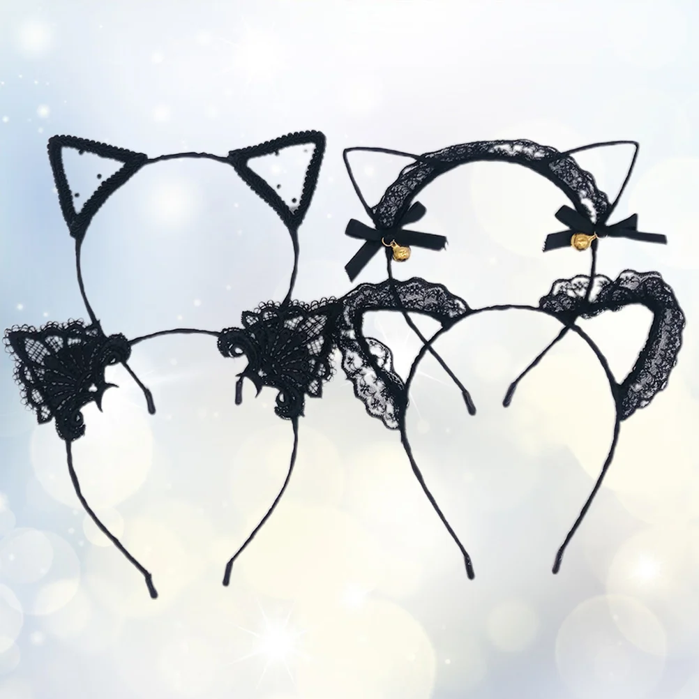 

4PCS Lace Cat Ear Headband Decorative Lace Hair Hair Accessories with Sall Bells for Cosplay Costume Party