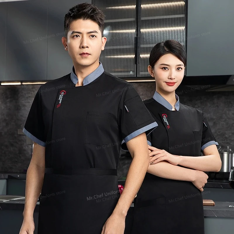 Uniforme de Chef à manches courtes pour hommes, veste de chef de Restaurant avec tablier, manteau de cuisinier, T-shirt de Chef, uniforme de travail, vêtements de serveur d'hôtel, Logo