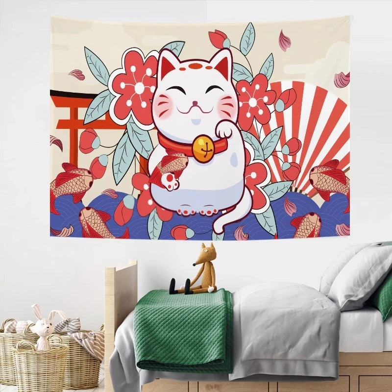 VIKAMA Maneki Neko Tapestry Wall Hanging Koi Fish Torii Sakura Fan Japanese Wave Cute Aesthetic Wall Art Bedroom Decor