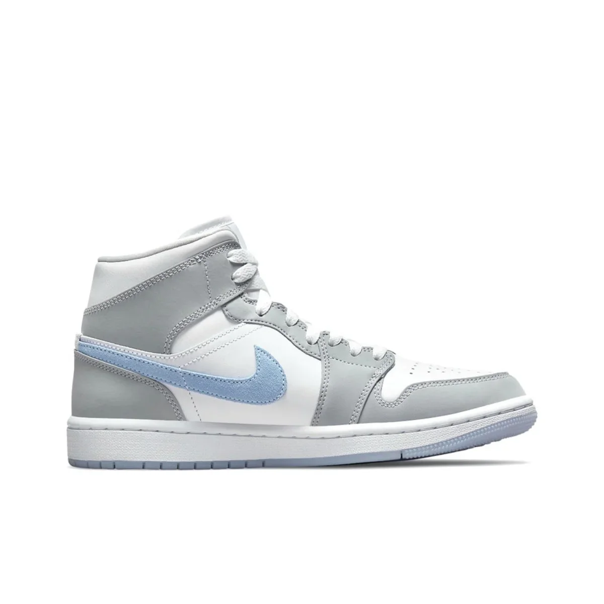 Nike white gray blue colorway Air Jordan 1 MID men's and women's basketball shoes comfortable non-slip wear-resistant