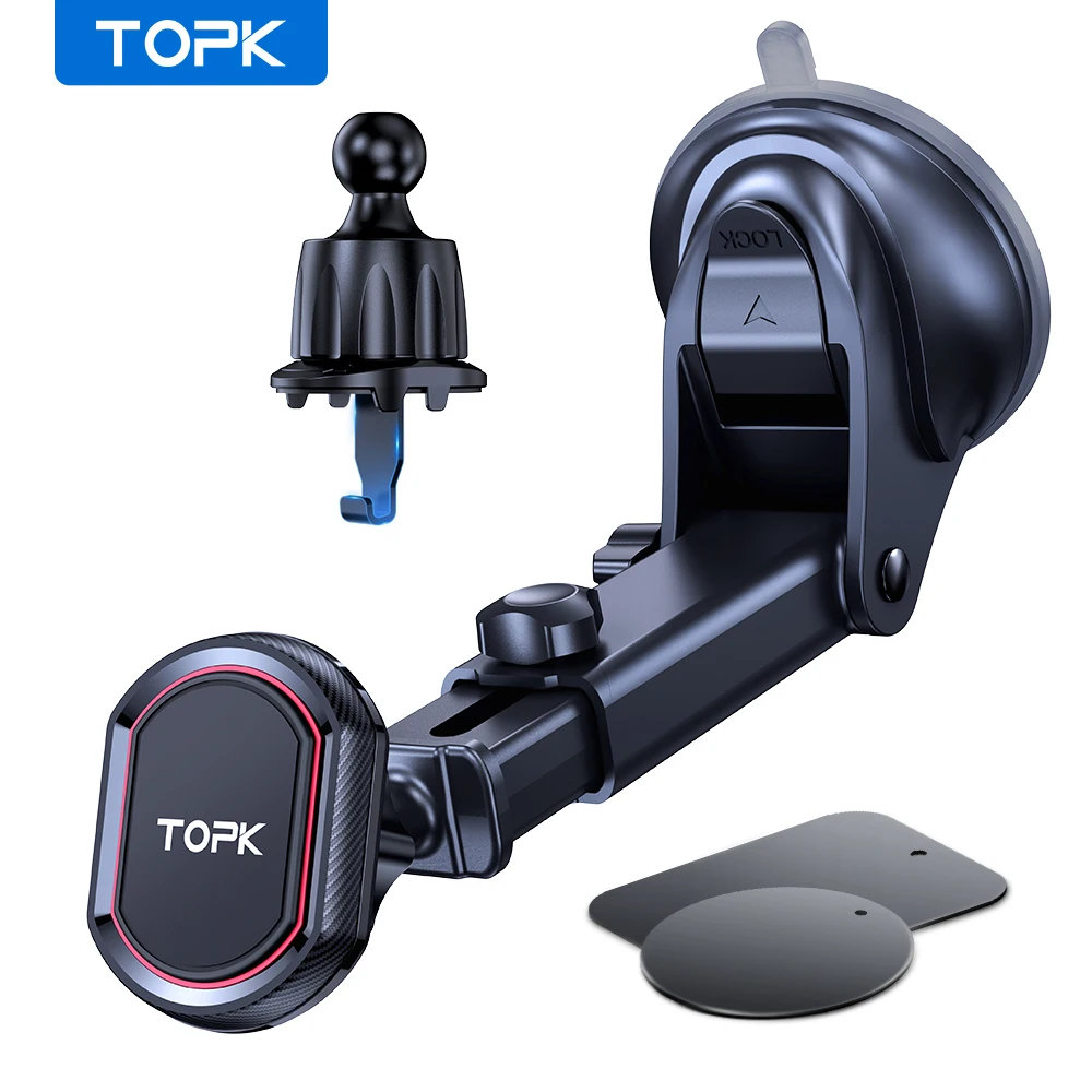 TOPK Magnetischer Autotelefonhalter 360° °   Rotations-Handyhalterung für Lüftungsschlitze und Armaturenbrett mit Saugnapf für alle Telefone