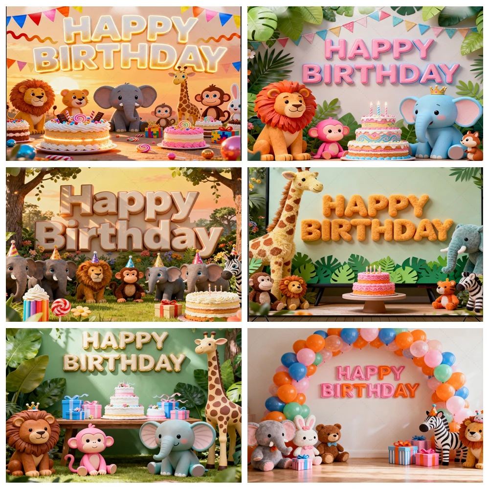 

Happy Birthday Backdrop with Giant Plush Elephant Lion Giraffe Balloon Garland Photo Booth Background for Kids Party Decor
