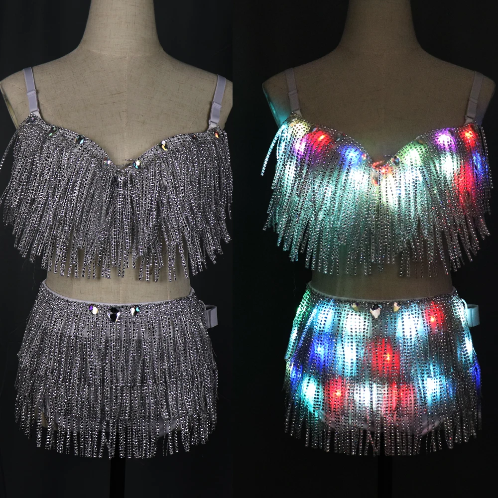 LED Clothes Glowing Bra Shorts Fashion Luminous Suits Belt Show Women Reflective Face Tasseled Bra Belly Dancer Dress Accessorie