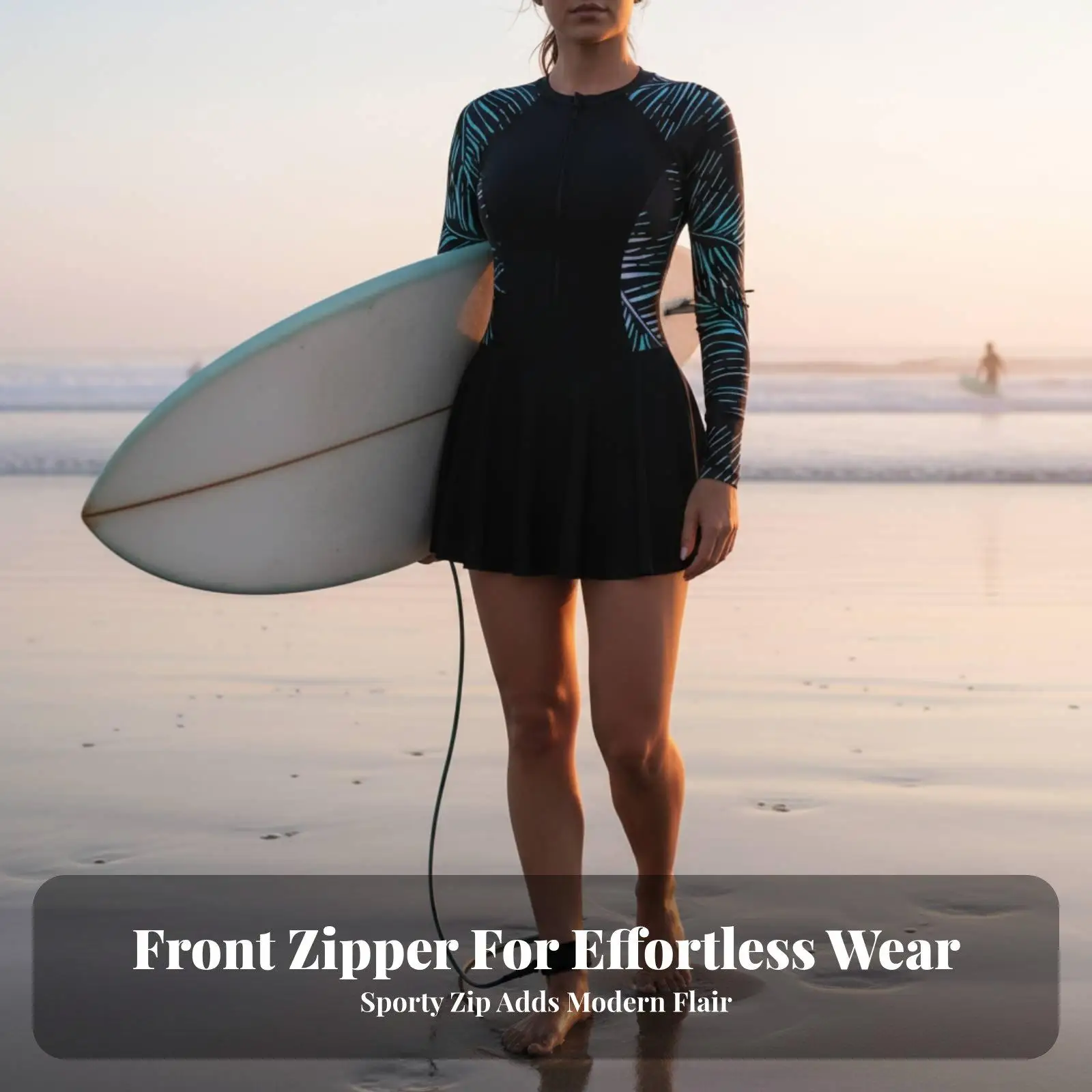Modest One Piece Swimwear for Women Long Sleeve Surfing Suit with Skirt Full Coverage Zipper Front Sunscreen Swimsuit