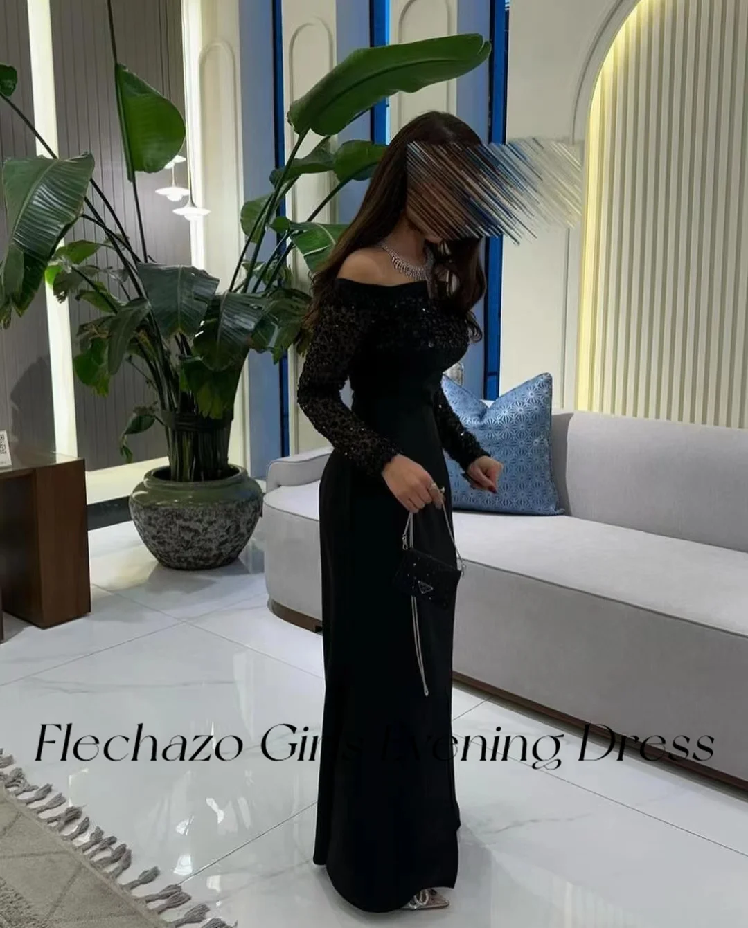 Flechazo Black Evening Dresses Sequin Off Shoulder Mermaid Slit Elgeant Party Occasion Dress For Women 2024 فساتين السهرة