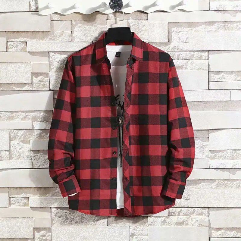 Men Clothing New 2024 Fashion Spring Summer Casual Plaid Long Sleeve Shirt Youth Casual All-match Top Autumn Men Shirt Coat 5XL