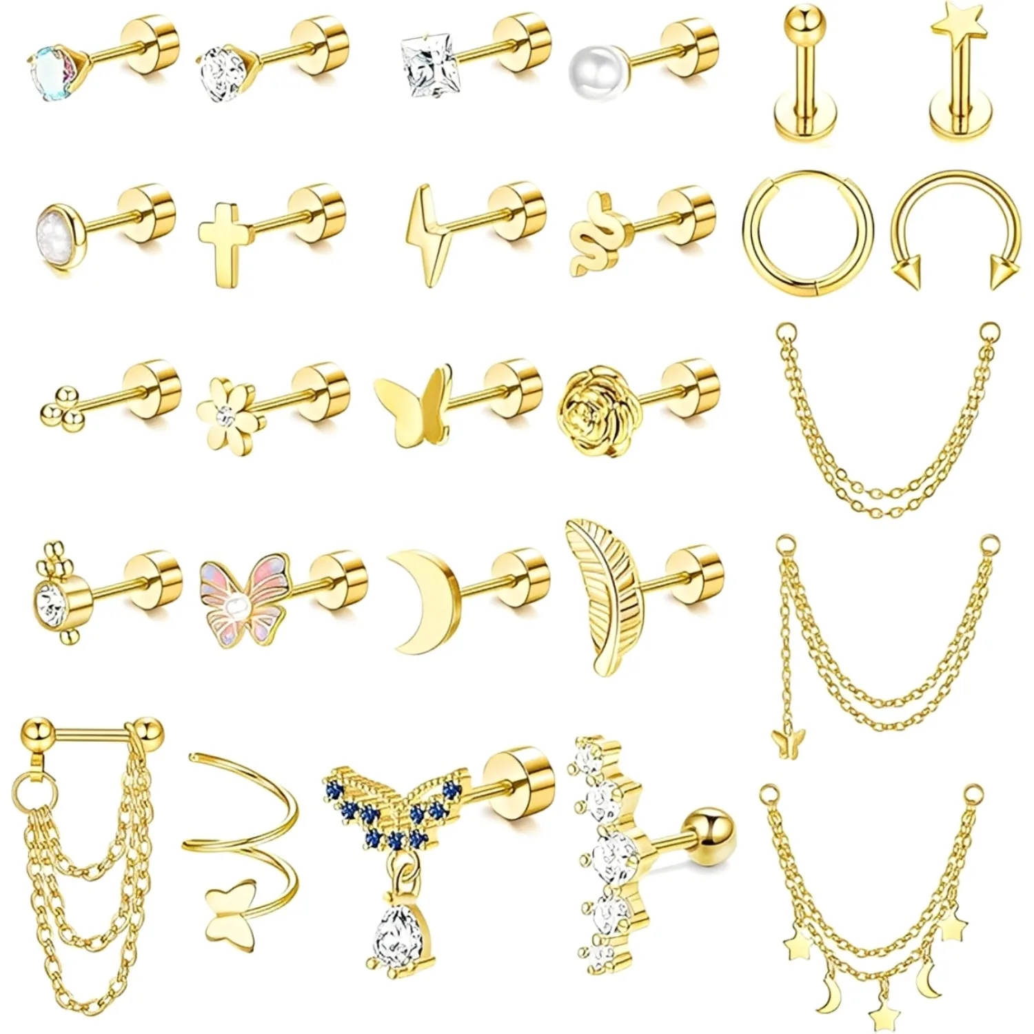 

Bobisty 27Pcs Surgical Steel Flat Back Cartilage Studs Earring for Women Men CZ Opal Dainty Chain Dangle Helix Piercing Jewelry