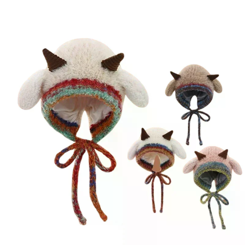 Mignon épais en peluche tricoté chapeau filles hiver chaud oreille Protection bonnets chapeau femmes confortable corne pull chapeaux