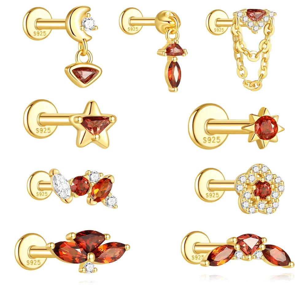 

925 Sterling Silver 18K Gold Plated Red Garnet Geometric Cubic Zirconia Flat Back Earrings Luxury Wedding