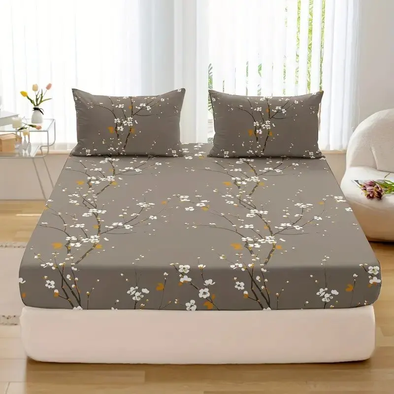 3PC Plum Blossom Bed Sheet, Fitted Sheet*1, Pillowcases*2, No PillowCore, 100% Polyester, Elastic Mattress Protective