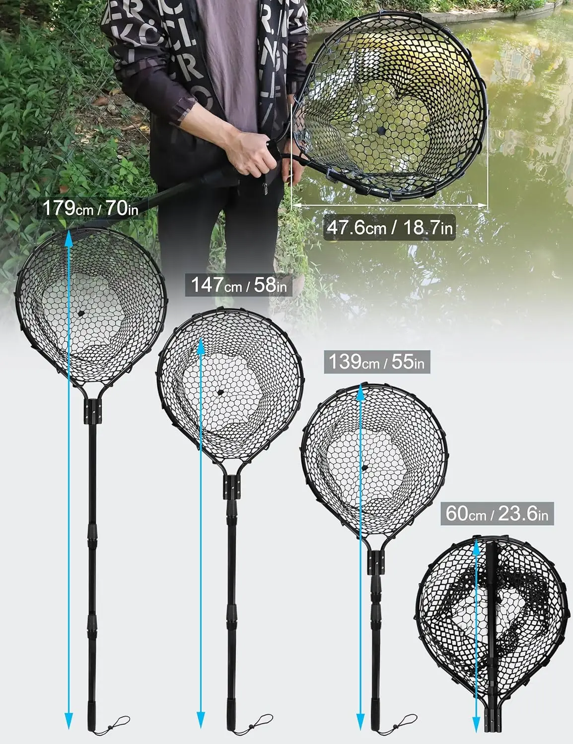 

Large Rubber Landing Net for Saltwater - Heavy Duty Big Fishing Net, Kayak Folding Retractable With Long Handle