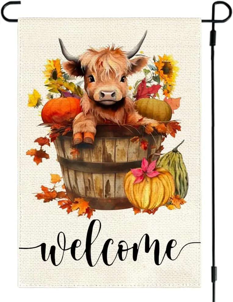 RABUSOFA Fall Garden Flag 12x18 Inch Double Sided for Outside, Highland Cow Decor Thanksgiving Harvest Barrel Pumpkin Sunflower