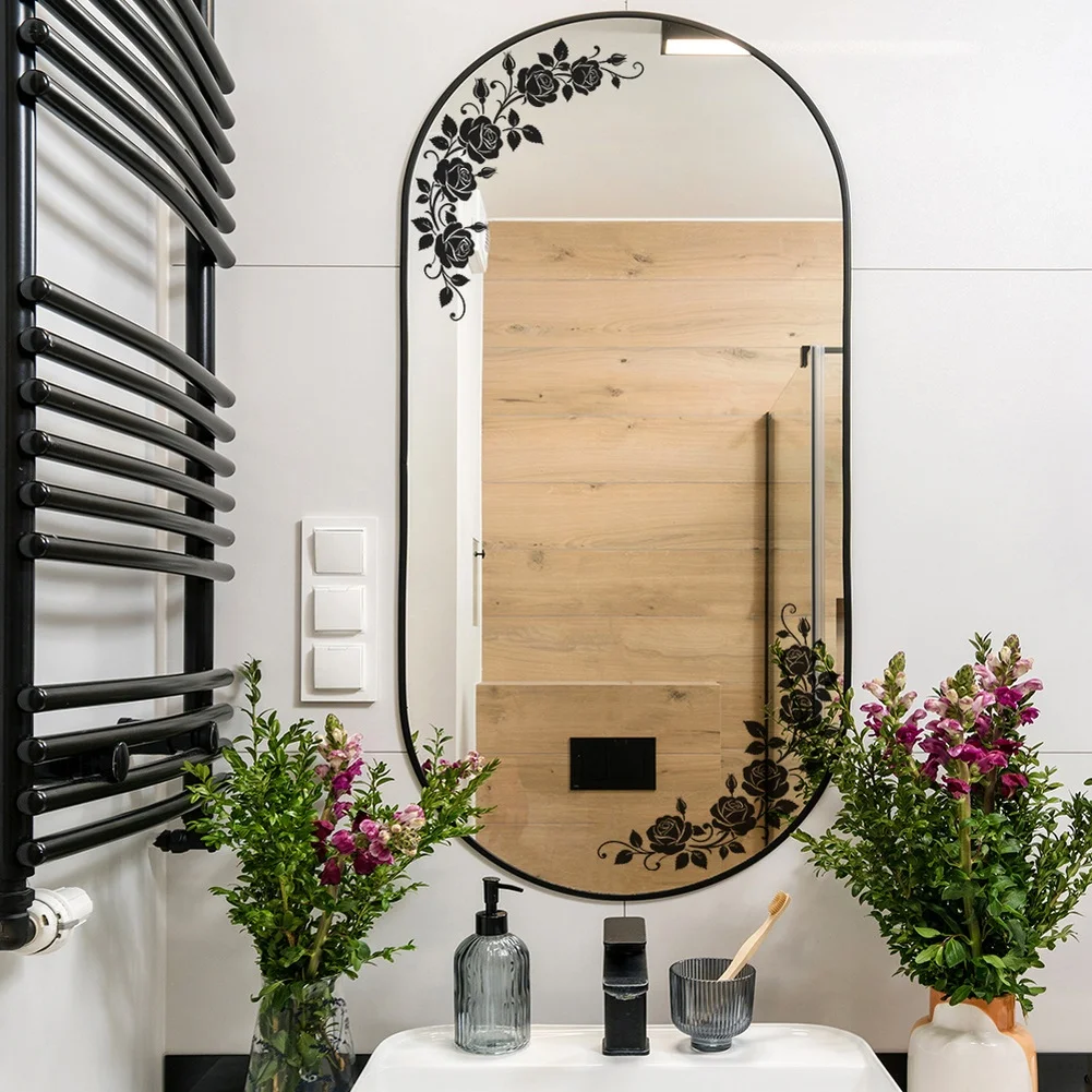 Black Rose Vine Themed PVC Wall Sticker for Bathroom Mirror Decoration Minimalist Flat Profile for Indoor Moisture Resistant Use