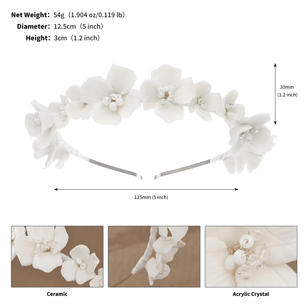 Trendy White Ceramic Flower Headband Wedding Headpiece Handmade Headpiece Women Bridal Crown Bride Hair Accessories Jewelry