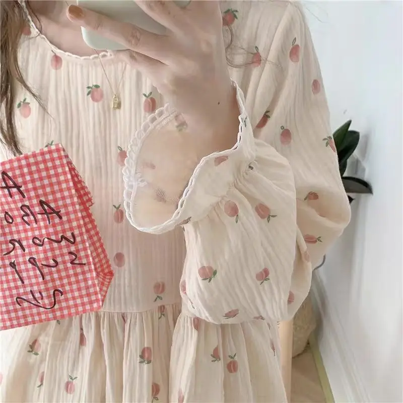 Peach Print Sleepwear Women Pajama Sets Korean Piiama Ruffles Pants Sets for Women 2 Pieces Autumn Night Wears O-neck Home Suit