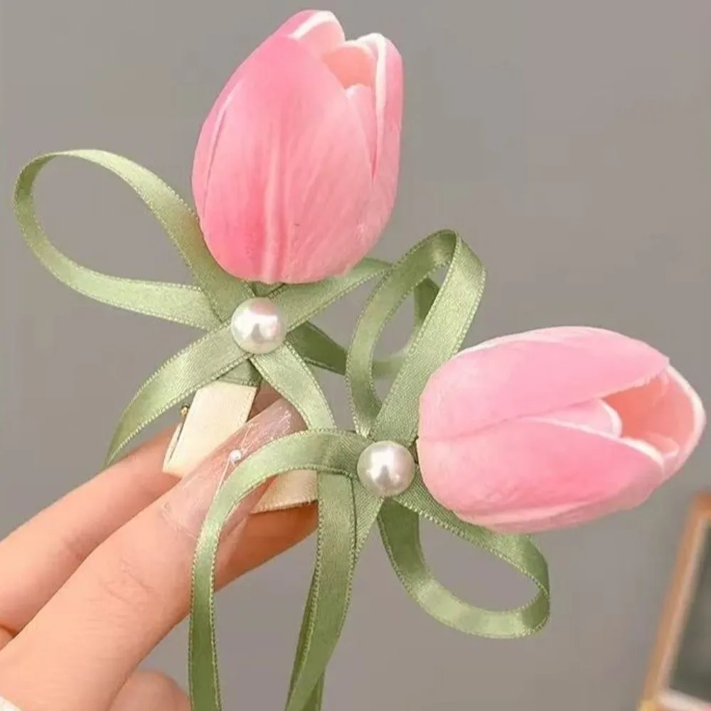 

2pcs Sweet Sweet Tulip Tulip Hairpin Pearl Flower Pearl Flower Hairpin Duckbill Clip Silk Hair Accessories Korean Style 장식