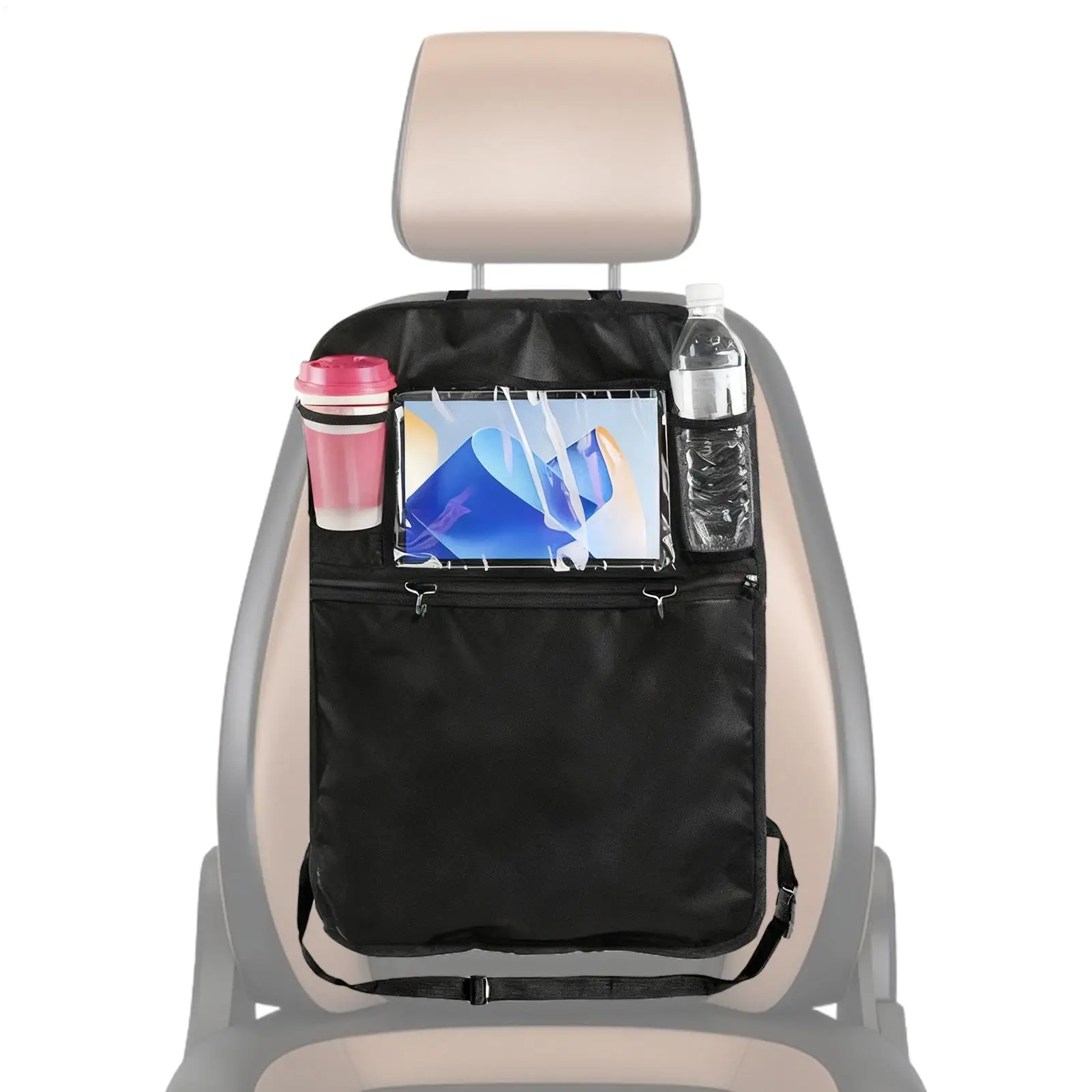 

Car seat back storage bag Waterproof Tablet Cup Holder Organizer Oxford cloth strap hook Car anti kick backrest storage bag