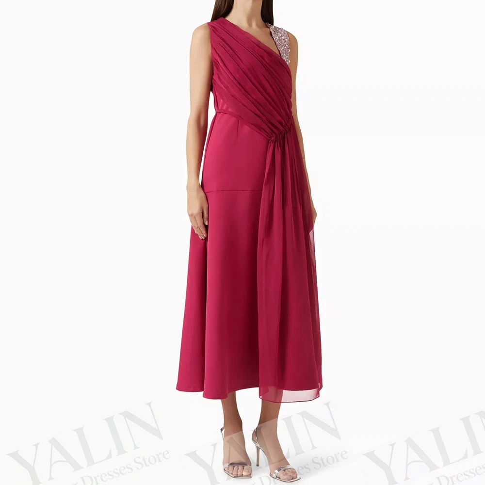 

Women's A-line Evening Dresses Tea-length V-neck Sleeveless Prom Gown Fashion Sequined Pleat Simple Draped Customized Gowns