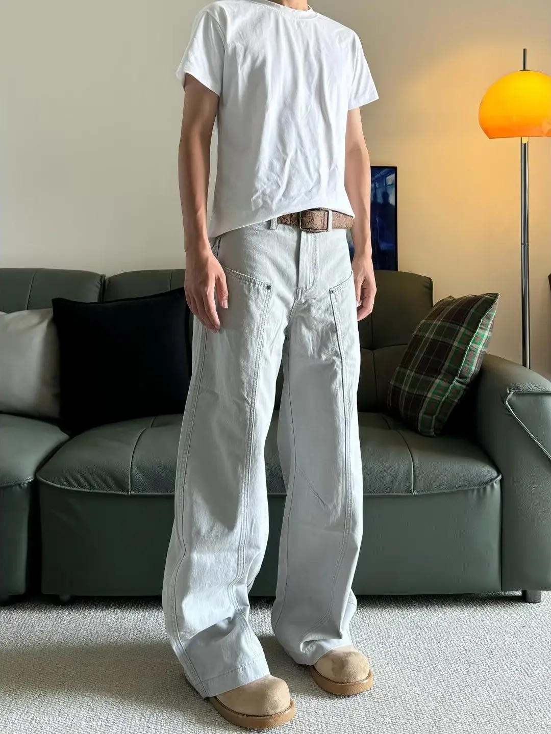 Pantalones informales con cuchillo turquesa Retro americano, pantalones largos holgados de pierna ancha Vintage con diseño deconstruido para hombre y mujer