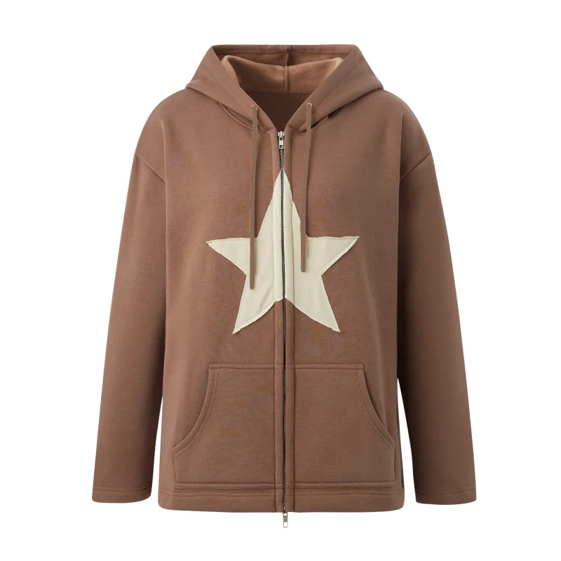 Vintage Star Patch Hoodie Women Casual Loose Sweatshirt Hip Hop Zip Up Hooded Coat Women Y2k Harajuku Long Sleeve Sweatshirts