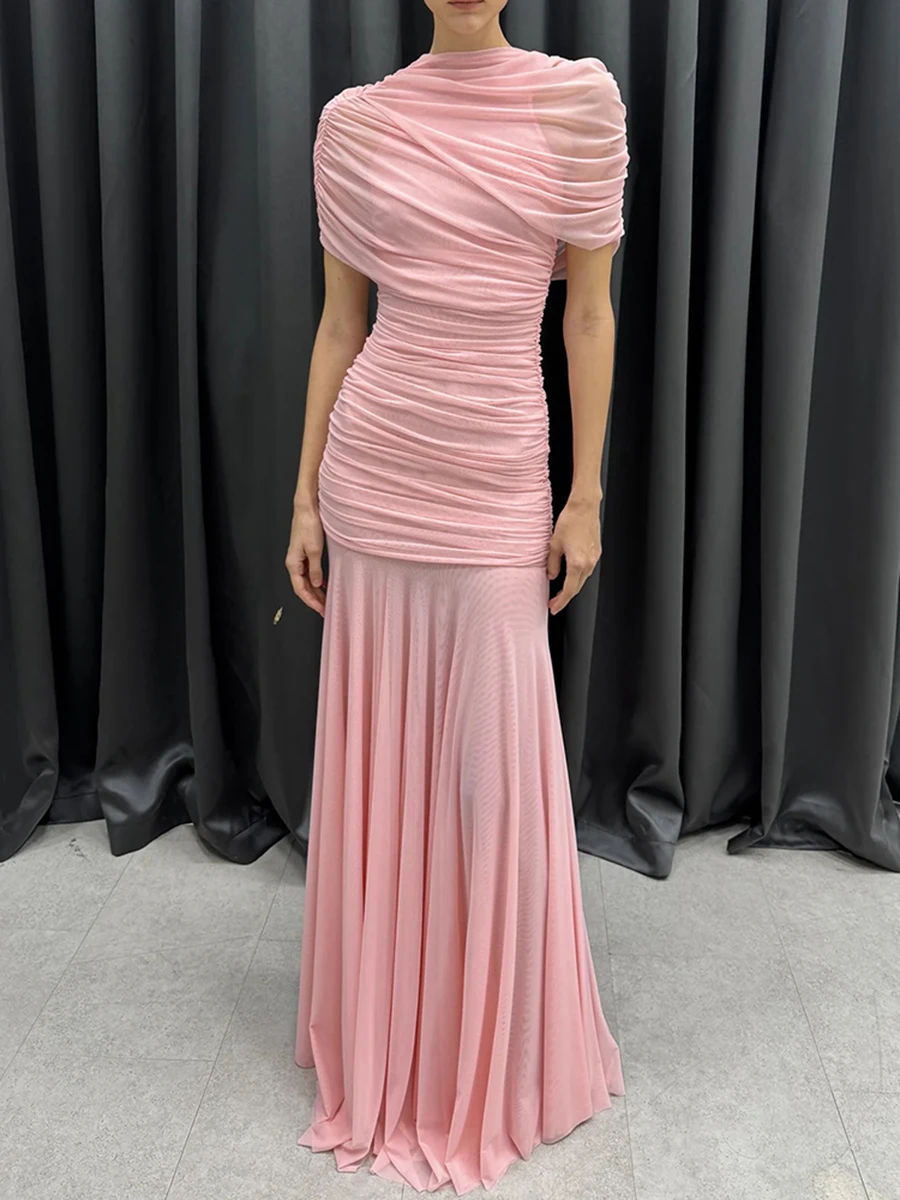 VGH Luxury Galas Event Black Sheer Mesh Ruched Maxi Dress for Women O Neck Short Sleeves Bodycon Silhouette Skirt for Red Carpet view 2