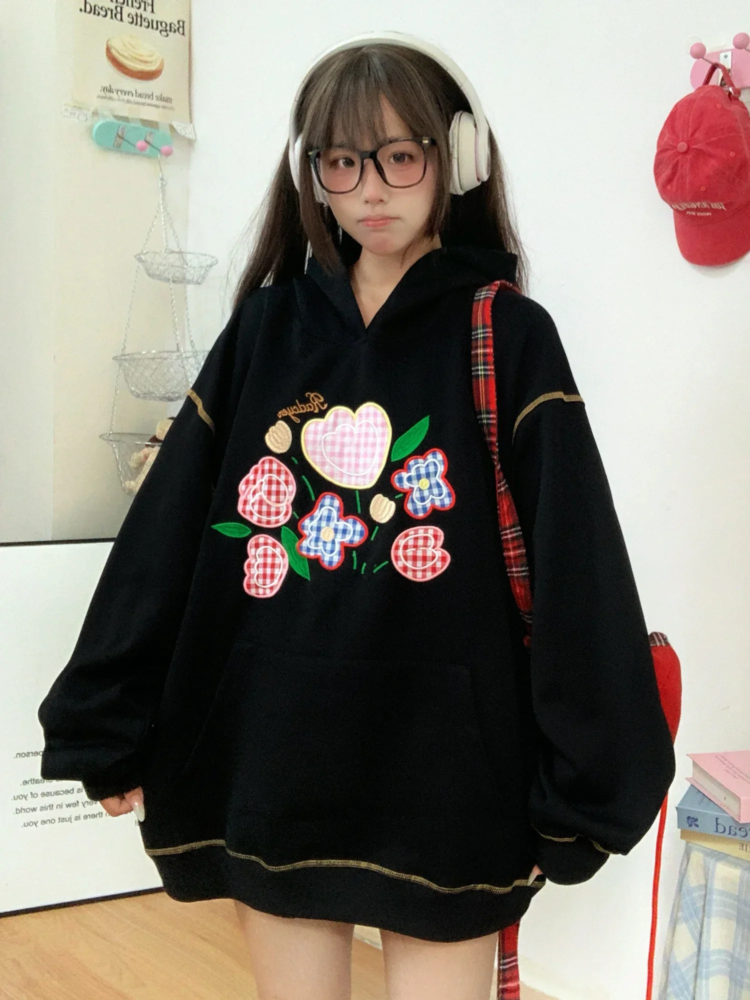 Embroidery Pocket Hooded Hoodie Oversized Cute Pretty Loose Women's Sweatshirts Hoodies Y2k Clothes 2000s kawaii grunge harajuku