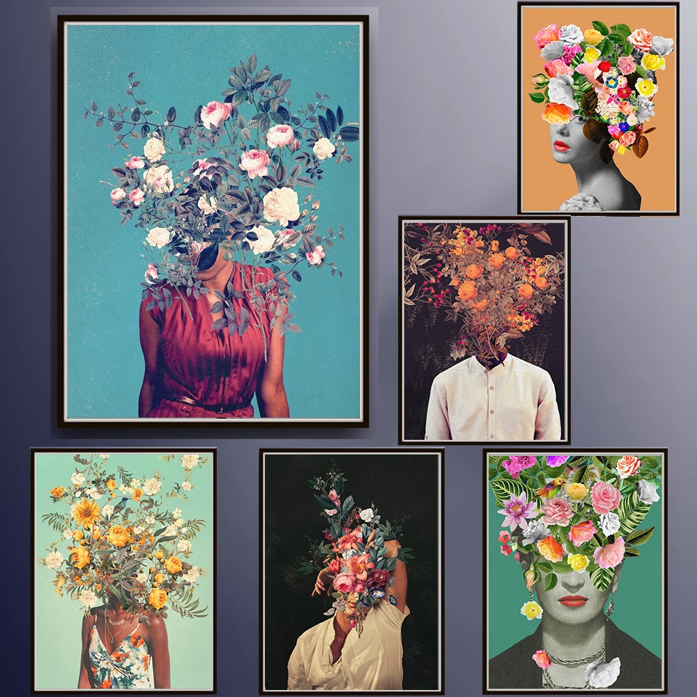 

Abstract Man and Woman Growing on the Head Flower Canvas Painting Fashion Flowers Wall Art Poster Print Home Decor Mural Picture