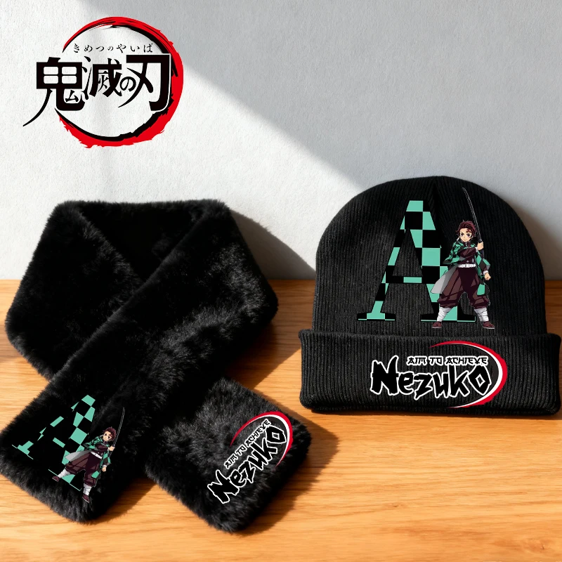 

Demon Slayer 2pcs Knitted Hat Scarves Children Adult Tanjirou Anime Print Knit Cap Plush Scarf Winter Warm Accessories Xmas Gift