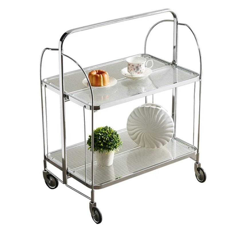 Medieval Small Cart Stainless Steel Multilayer Folding Glass Storage Tea Edge Table Ins Net Red Mobile Dining Car Storage Rack