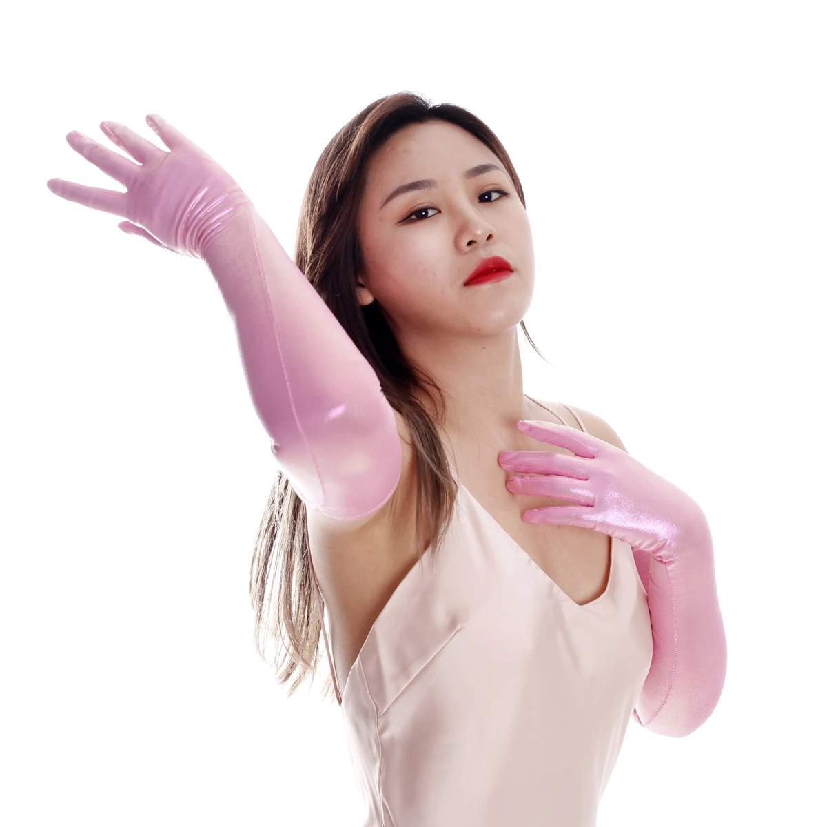 Ftshist Glossy Metallic Color Long Gloves Shiny Pink Elbow Gloves Dazzling Blue Elastic Mittens Yellow Stretchy Crossdresser