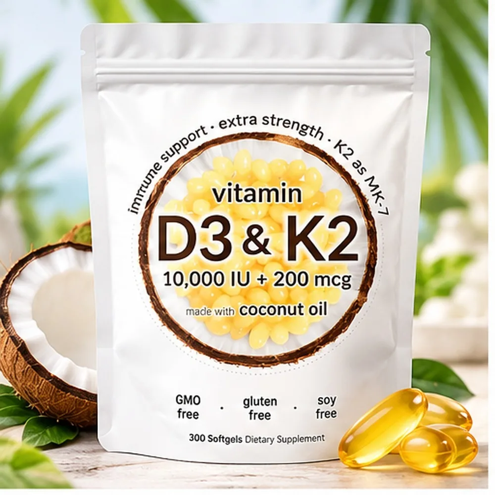Vitamin D3 K2 Softgels with MK-7 10000 IU Vitamin D3 200mcg K2 Soy Free Gluten Free Daily Nutrition Supplement 300 Softgels