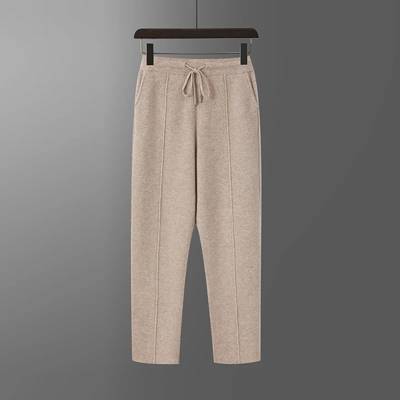 Thick Men's Wool Wide Leg Pants Elastic Waist Trousers Autumn Winter Air Layer Cashmere 100% Merino Wool Knit Smart Casual Pants