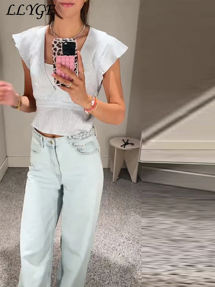 

Elegant Women's Striped Bow Shirts Sleeve Lace Up V-Neck Flying Sleeve Female Crop Tops 2025 Summer Lady Casual Chic T-shirts