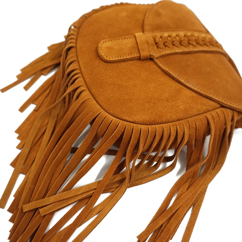 Women Genuine Leather Suede Medium Size Stylish Braid Shoulder Bag Boho Hippie Gypsy Ibiza Bohemian Fringed Phone Side Sling Bag