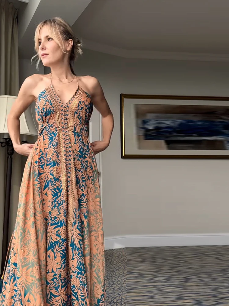 Boho Floral Print Maxi Dress Sleeveless Backless Lace Trim Flowy Gown  Women's Summer Beach Vacation Long Dresses Vintaga Gown - AliExpress  200000345